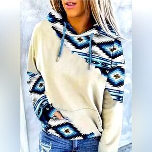 Women’s Southwest Western Aztec Yellowstone Cowboy Hoodie in Gorgeous Blues XXL